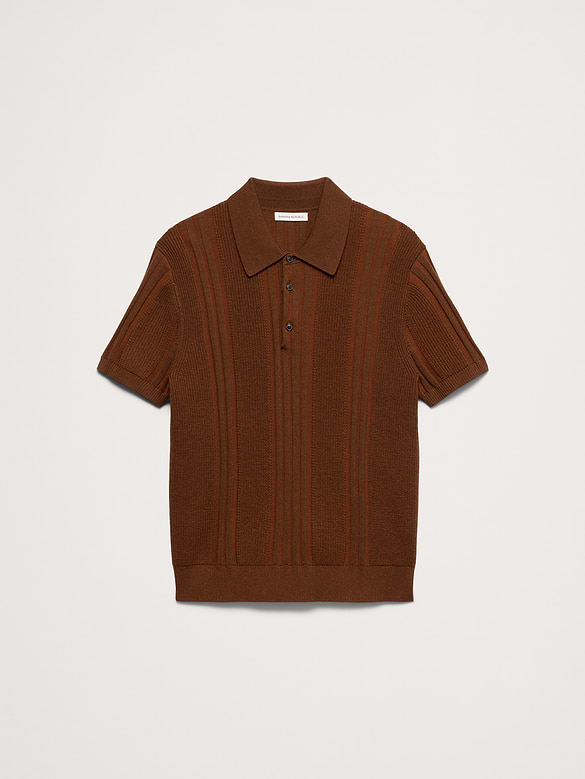 Polo en laine mérinos et coton texturé à rayures
