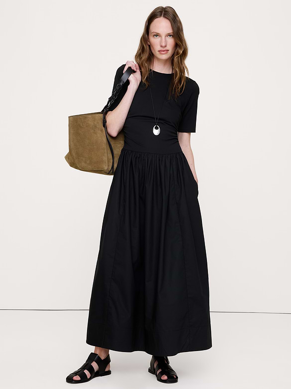 Robe longue en jersey et popeline de coton