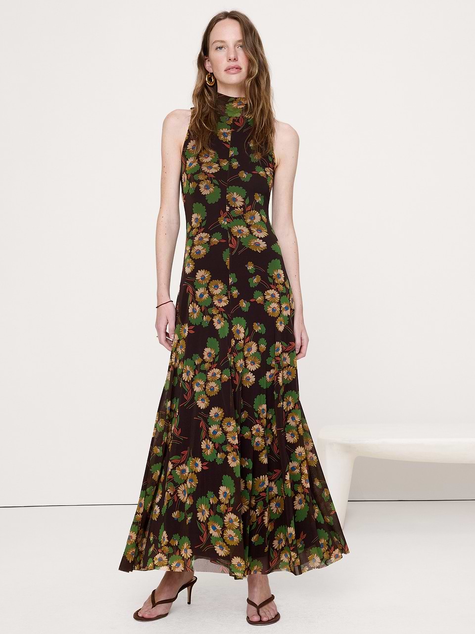 Banana Republic Women's Mesh Tie-Neck Maxi Dress Brown Floral Petite Size XXS