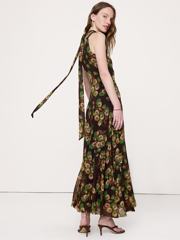 Robe longue à col cravate et à mailles