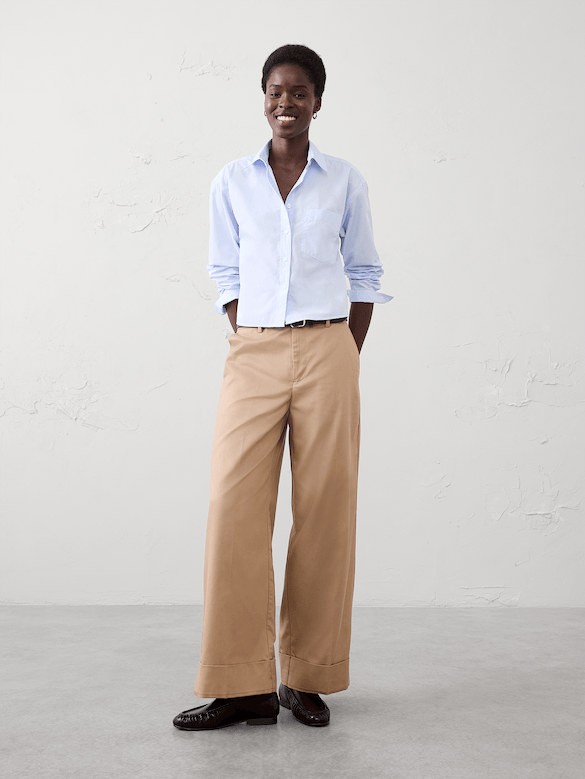 Wide-Leg Mid-Rise Drapey Twill Cuffed Pant