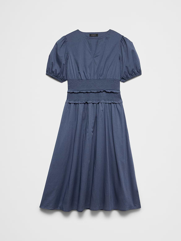 Puff-Sleeve Smocked-Waist Midi Dress