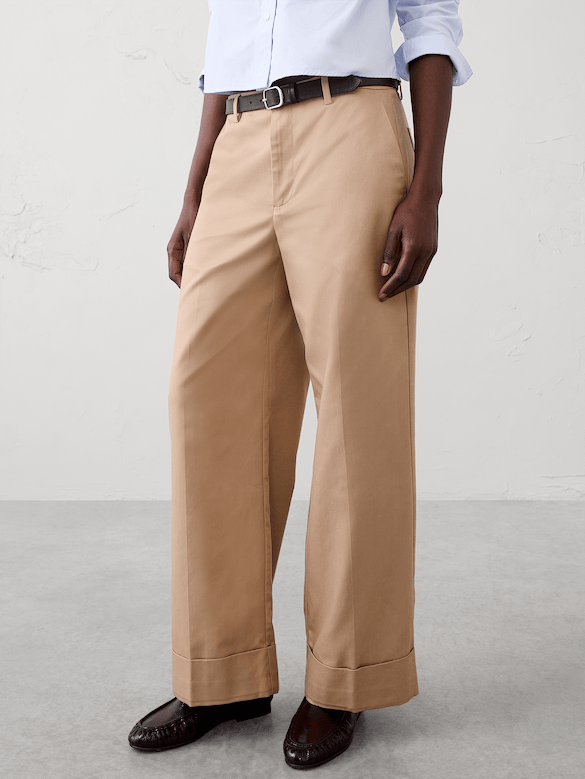 Wide-Leg Mid-Rise Drapey Twill Cuffed Pant