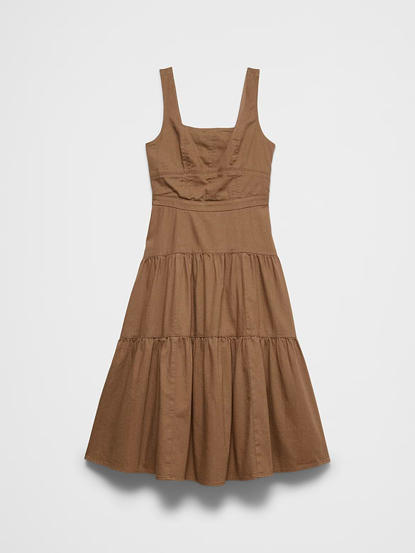 Square-Neck Tiered Denim Midi Dress