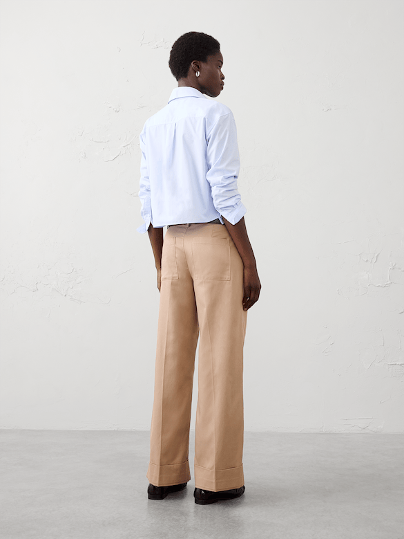Wide-Leg Mid-Rise Drapey Twill Cuffed Pant