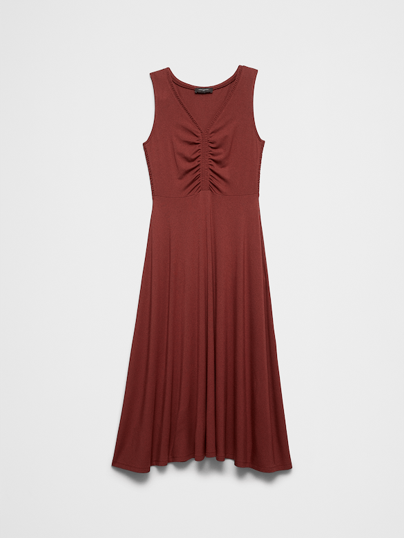 Shirred V-Neck Midi Dress
