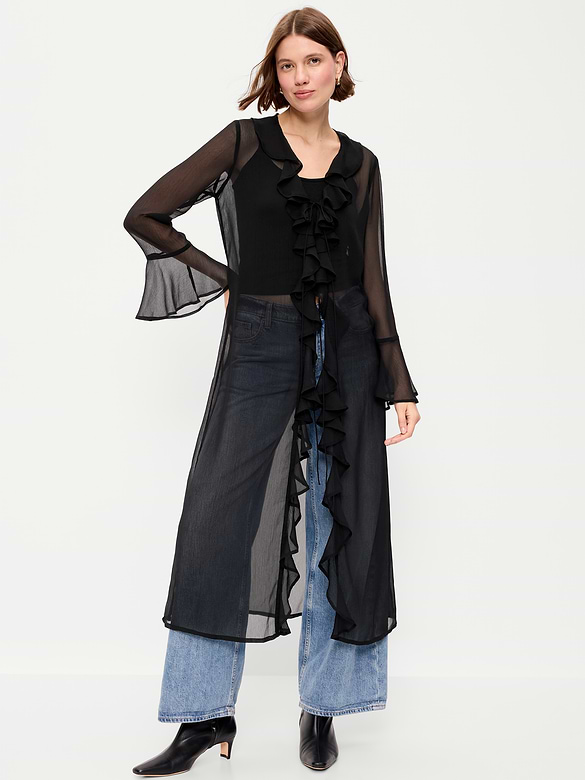 Long-Sleeve Sheer Chiffon Duster