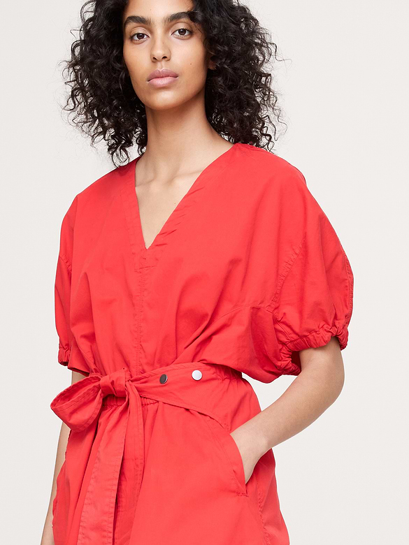 Cotton Twill Puff-Sleeve Midi Dress