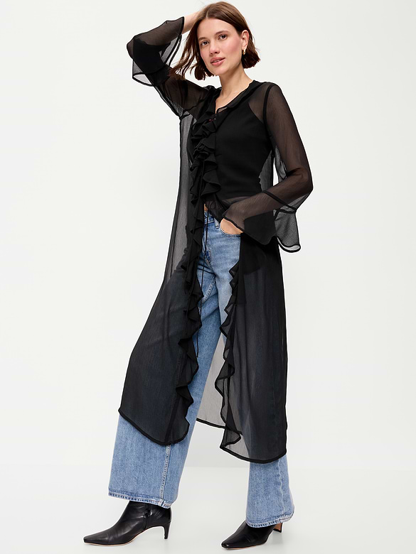 Long-Sleeve Sheer Chiffon Duster