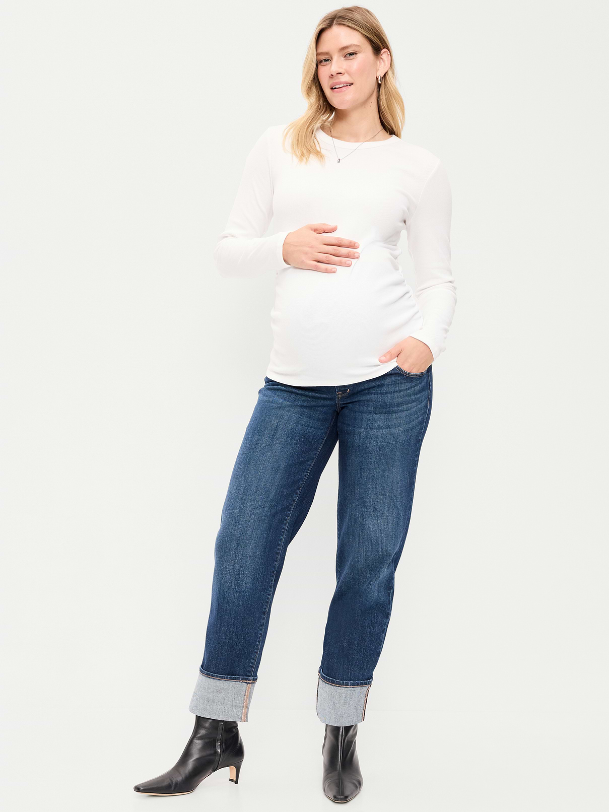 Image 1 of 2, Meet our maternity OG Loose Jeans. Part ‘90s nostalgia, part new-normal comfort., full-panel waistband, faux fly, scoop pockets at front, patch pockets at back, cuffed hem, Product #915867
