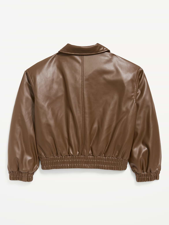 Oversized Water-Resistant Faux-Leather Bomber Jacket for Girls