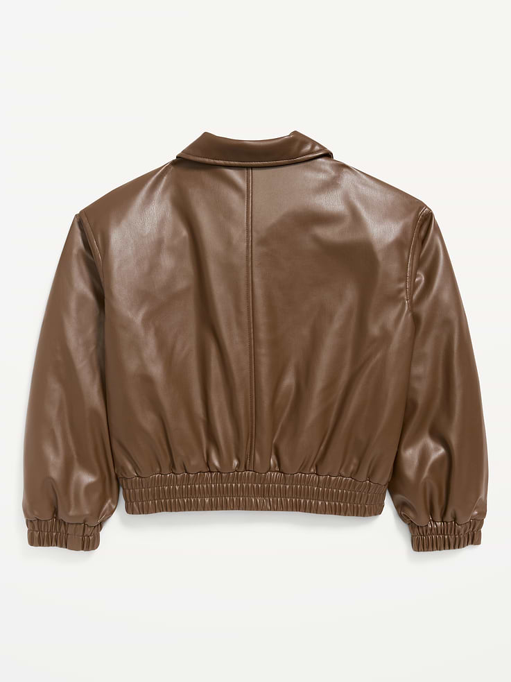 Image 2 of 2, Oversized Water-Resistant Faux-Leather Bomber Jacket for Girls