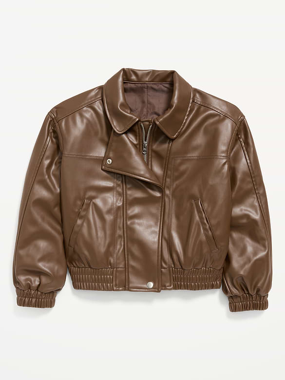 Oversized Water-Resistant Faux-Leather Bomber Jacket for Girls