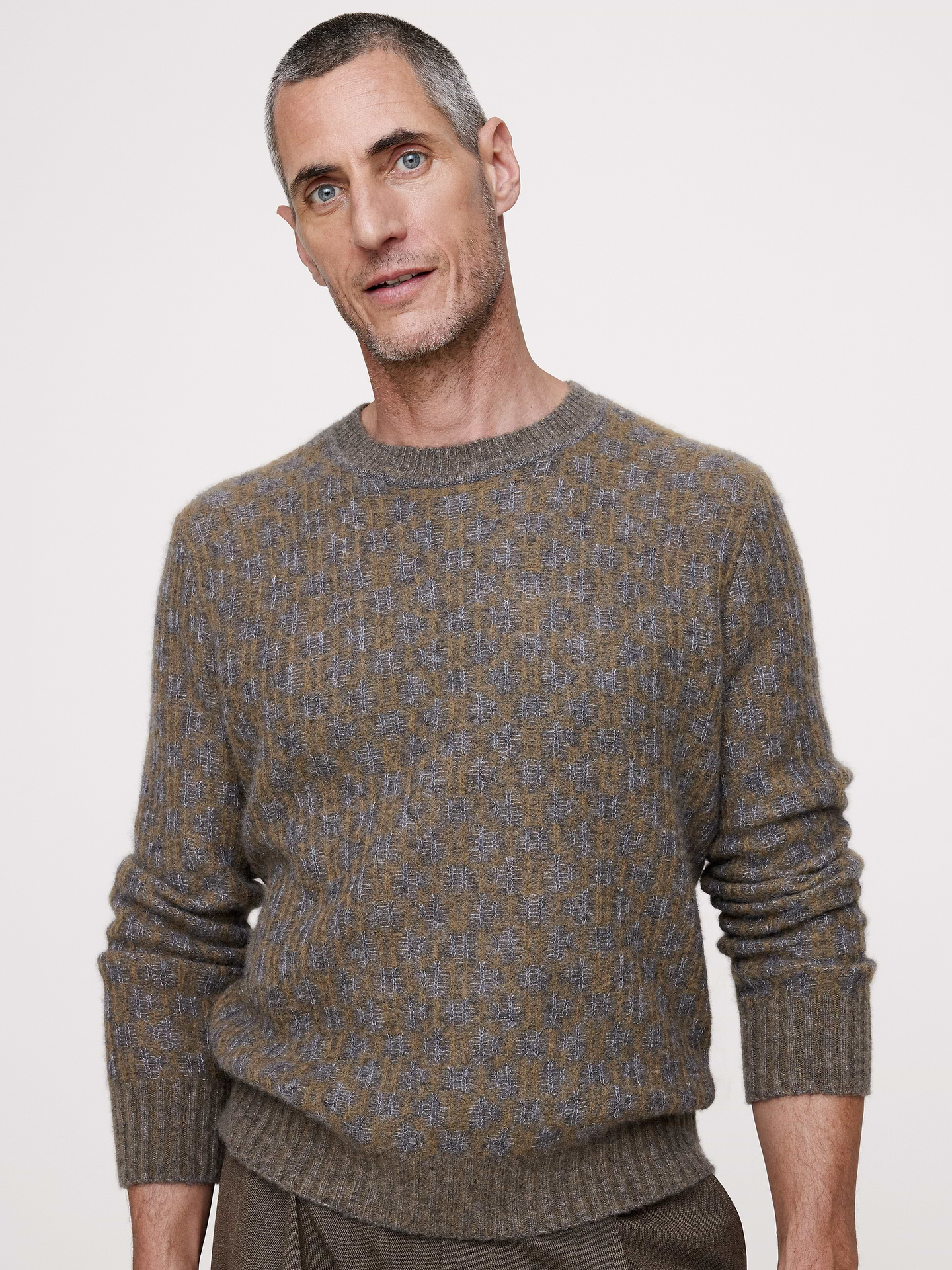 Image 1 of 4, We reimagined the classic crew-neck sweater in a trellis-like jacquard pattern, knit in our cotton-silk yarn—a favorite because it looks (and feels) great on., Standard Fit: A straight and easy fit., Crew neck., Straight hem., Product #1182829