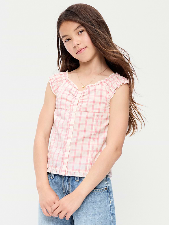 Short-Sleeve Sweetheart-Neck Button-Front Top for Girls