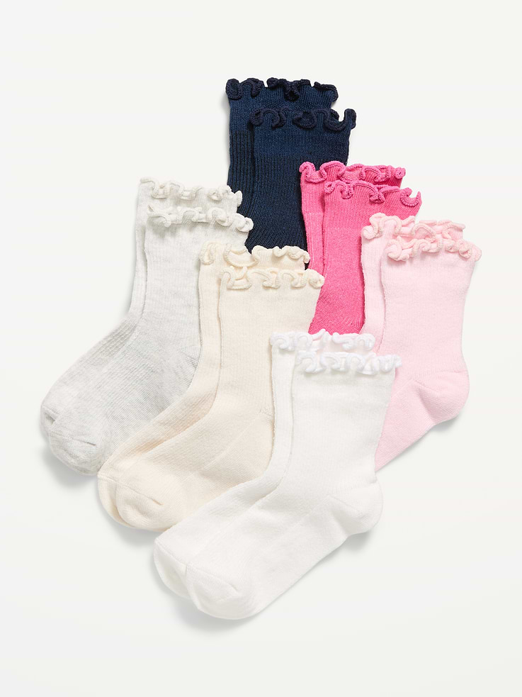 Image 1 de 2, Paquet de 6 paires de chaussettes., Ouverture élastique., Extrémités ondulées à volants., Coutures à encoches sur le talon et la pointe., Produit #907742