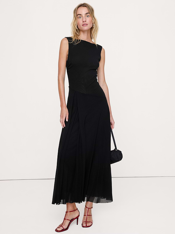 Mesh Boat-Neck Maxi Dress