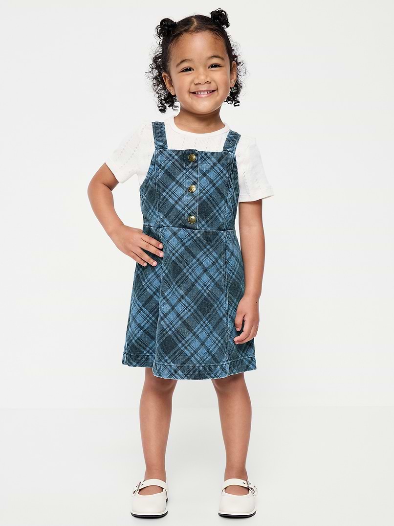 Old Navy Sleeveless Plaid Denim Dress and T-Shirt Set for Toddler Girls - Blue