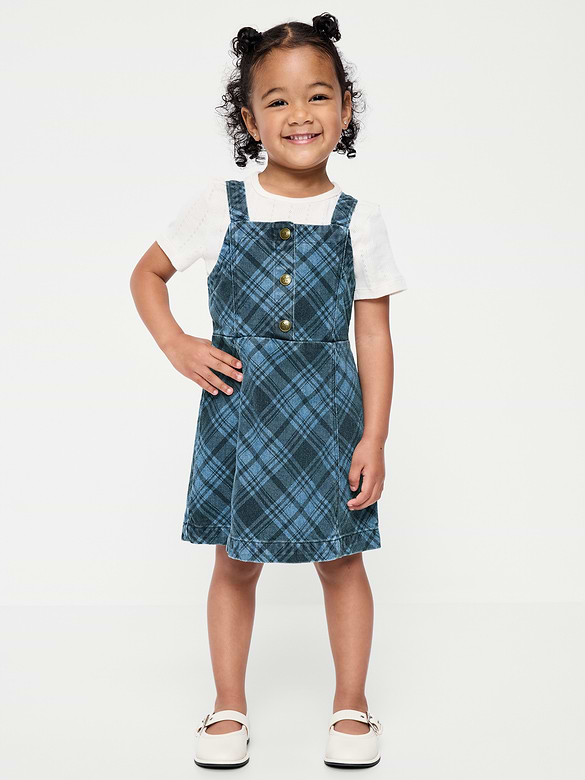 Sleeveless Plaid Denim Dress and T-Shirt Set for Toddler Girls