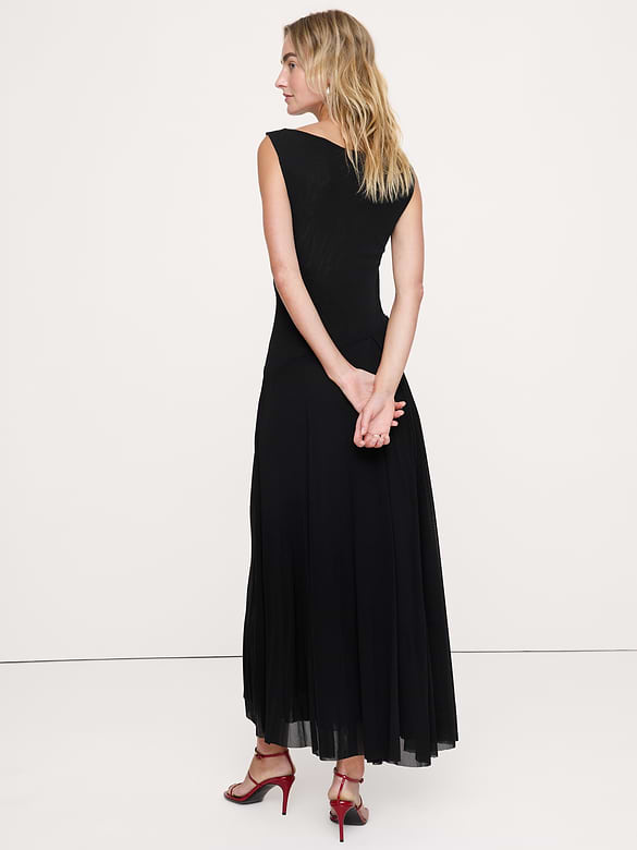 Mesh Boat-Neck Maxi Dress