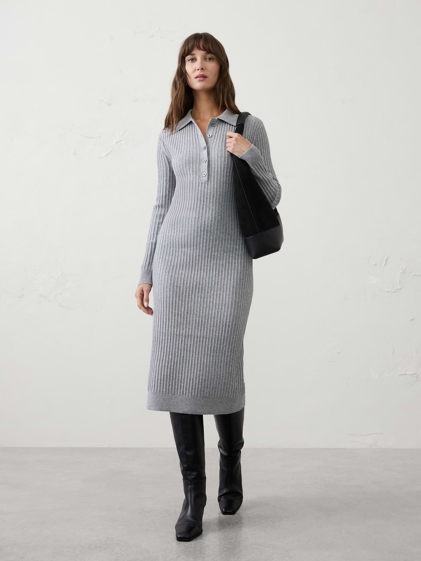 Image number 1 showing, Ribbed Polo Midi Sweater Dress