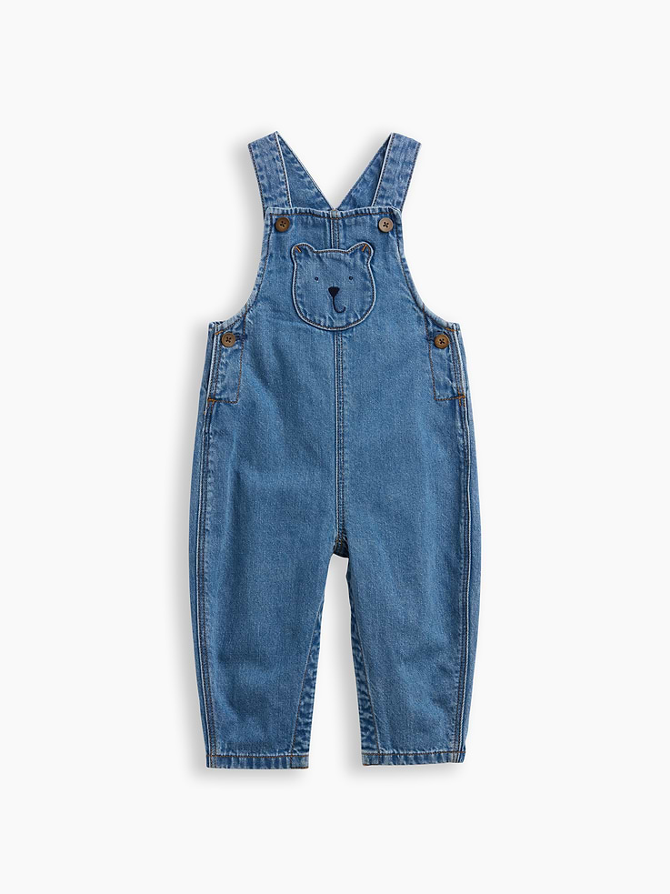 Image 1 of 4, This product is made with/contains 5% recycled cotton. Compared to virgin materials, using recycled materials helps reduce resource use and waste., This product is part of our water-saving Washwell program. Compared with conventional wash methods, Washwell uses at least 20% less water., Non-stretch denim., Medium indigo wash., Racerback straps., Square neckline, Brannan Bear bib pocket at chest., Button closures at sides., Hidden snaps at inseam for easy dressing and diapering., Product #1177228