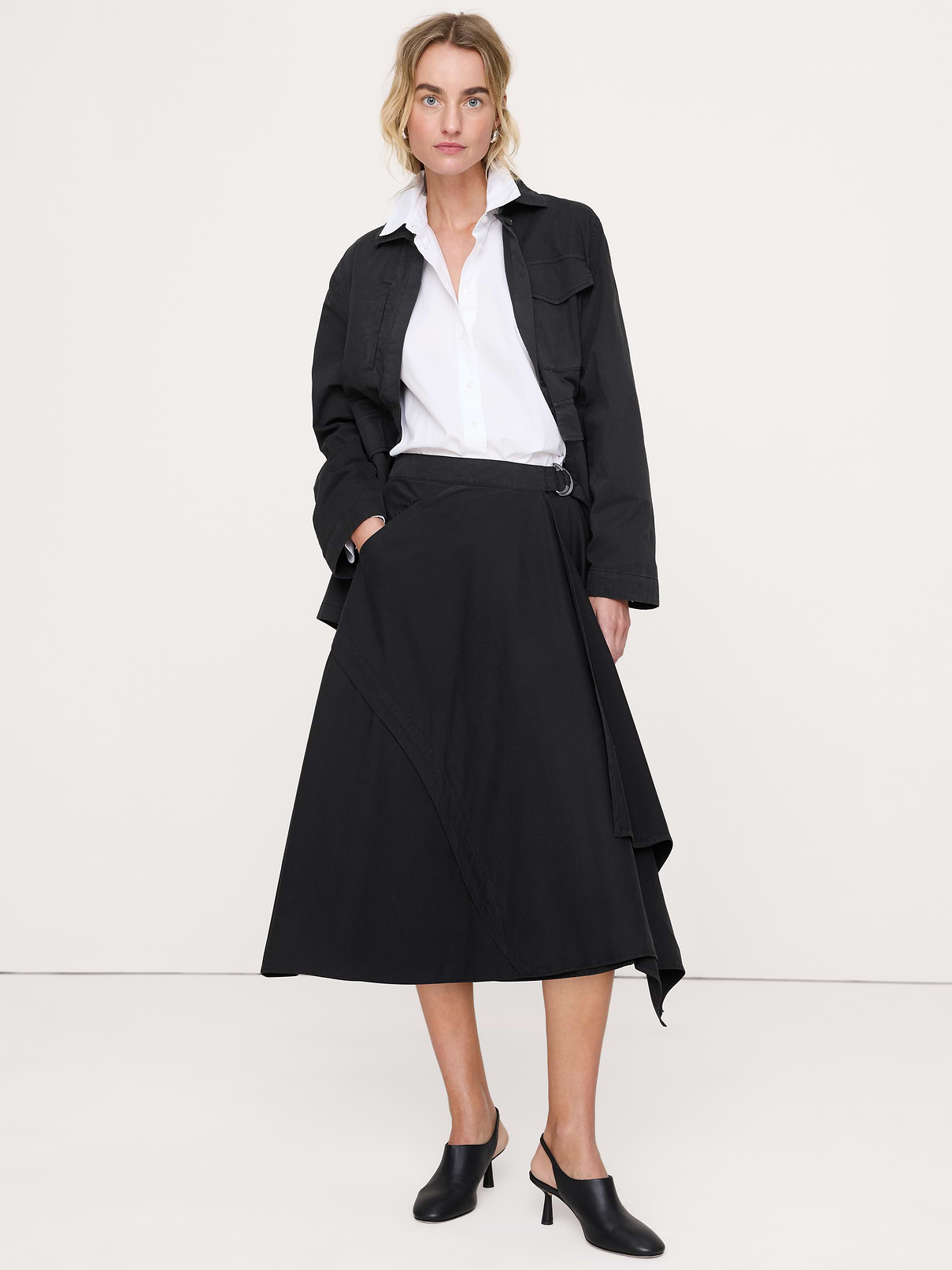 Image number 1 showing, Cotton Twill Asymmetrical Wrap Midi Skirt