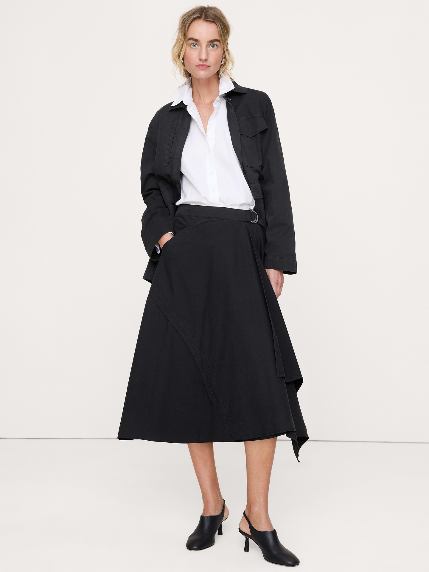 Image number 1 showing, Cotton Twill Asymmetrical Wrap Midi Skirt