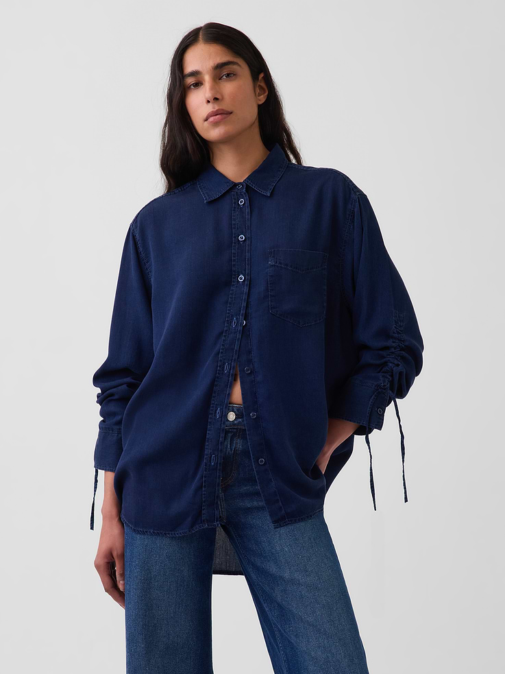 Image number 1 showing, Denim Oversized Ruched-Sleeve Shirt