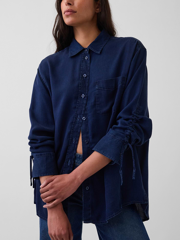 Image number 4 showing, Denim Oversized Ruched-Sleeve Shirt