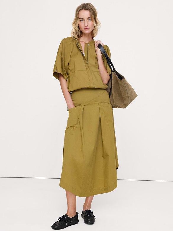 Stretch-Cotton Drop-Waist Midi Skirt