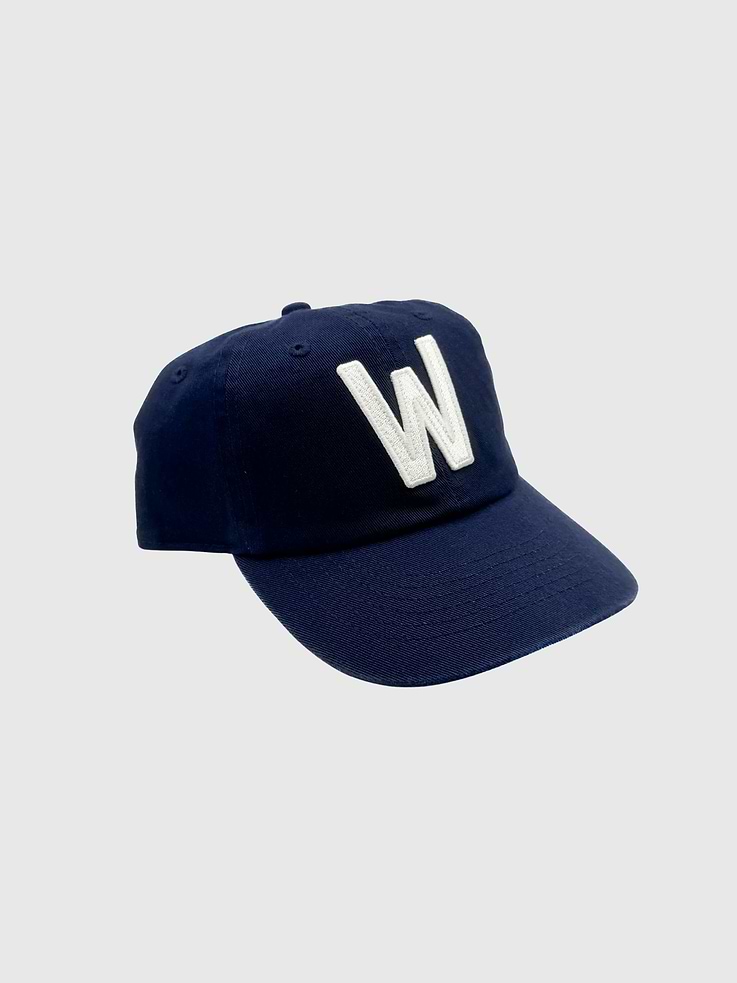 Image 1 of 2, Navy letter baseball hat., Metal buckle fastener at the back.