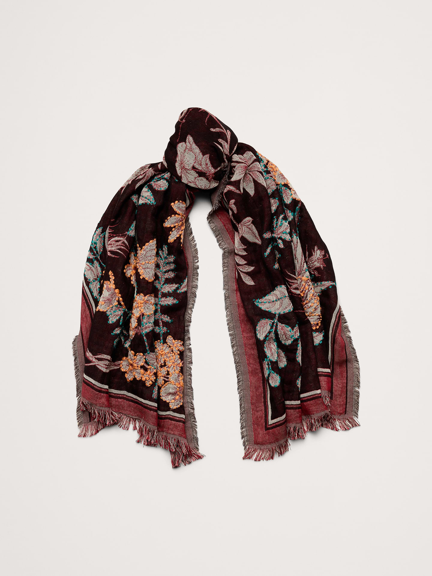 Image 1 of 3, Look closely: this soft, rectangular scarf has embroidered accents. Cut from a soft and warm cotton-wool fabric., Vismaya: Handcrafted scarves and more designed in Los Angeles, made in India. Family-run since 2007., Product #842839