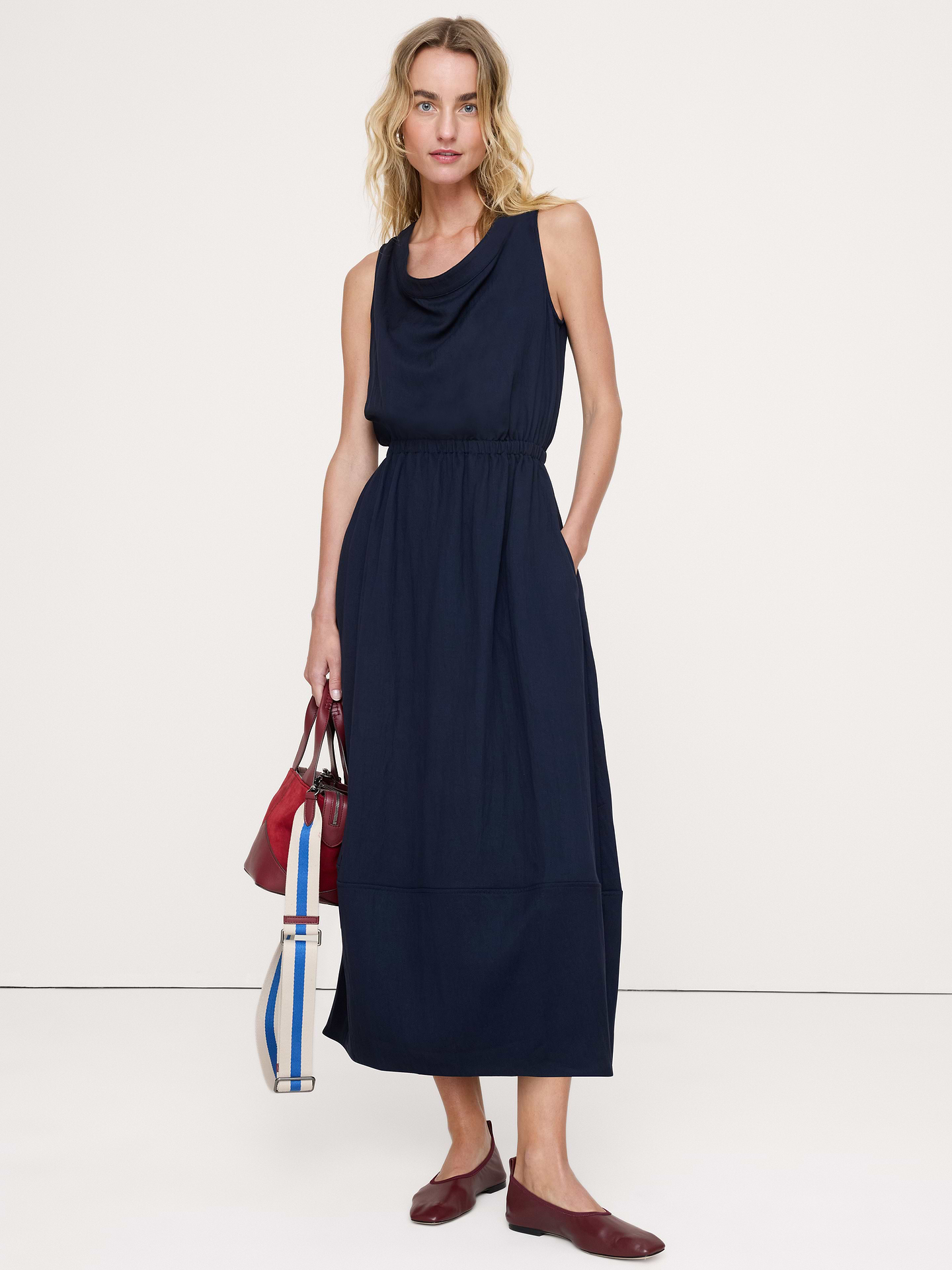 Image number 1 showing, Drapey Twill Cowl-Neck Midi Dress