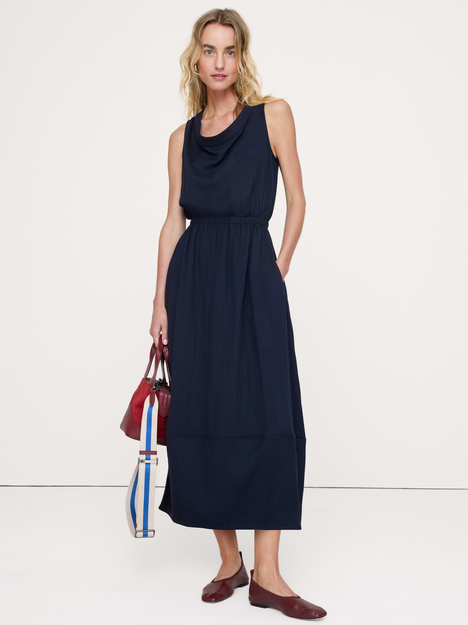 Image number 1 showing, Drapey Twill Cowl-Neck Midi Dress