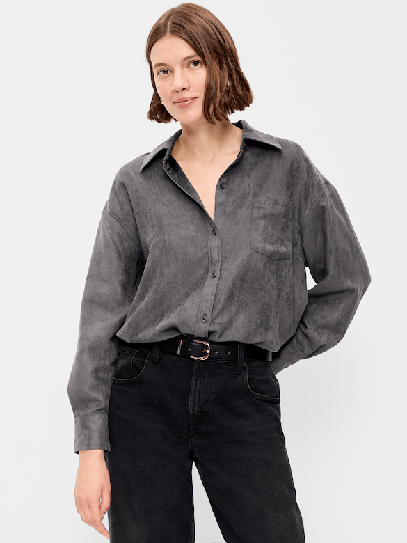 Oversized Faux-Suede Button-Down Boyfriend Shirt