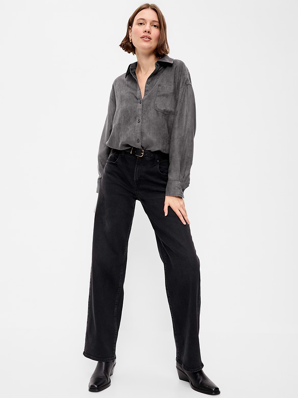 Oversized Faux-Suede Button-Down Boyfriend Shirt