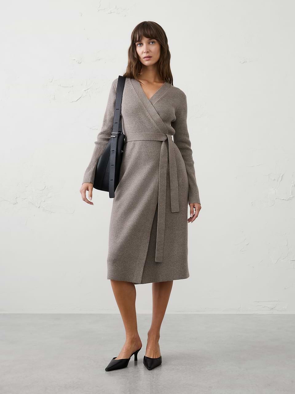banana republic grey sweater dress Ribbed Wrap Midi Mini sweater
