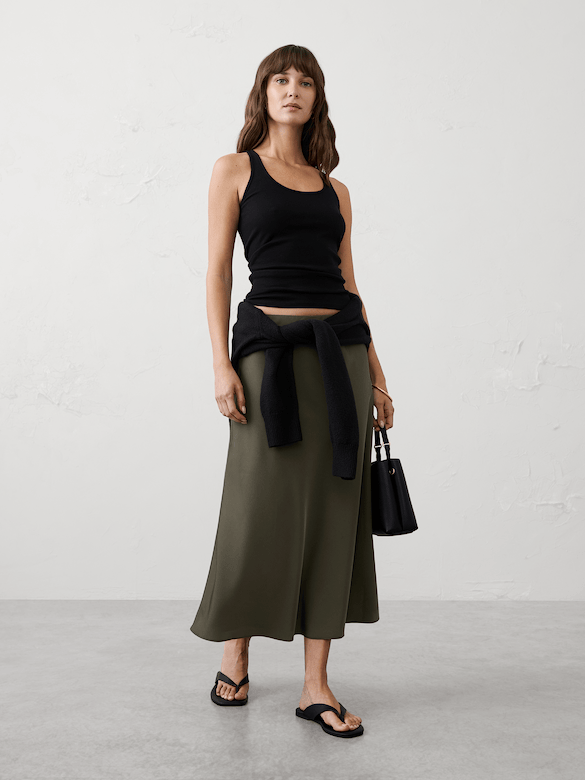 Sheen Twill Pull-On Midi Skirt