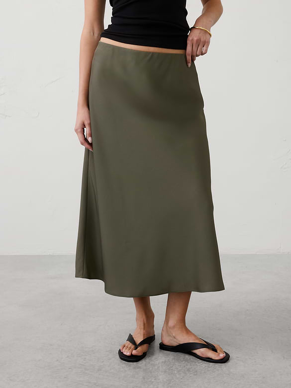 Sheen Twill Pull-On Midi Skirt