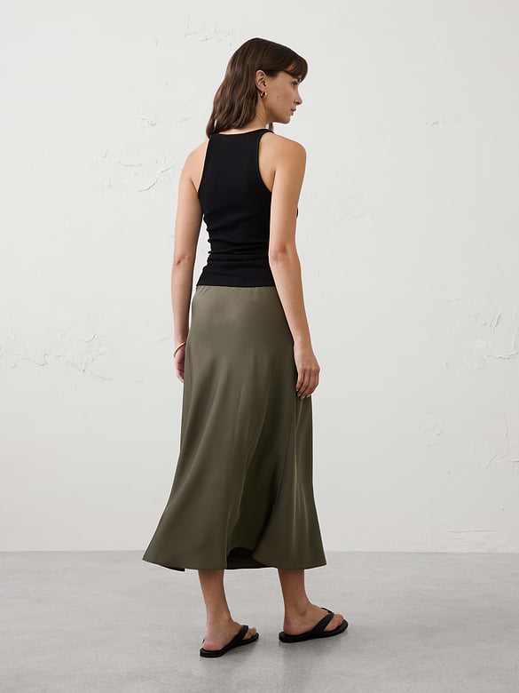 Sheen Twill Pull-On Midi Skirt