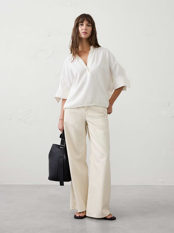 Drapey Twill Collared Popover Top