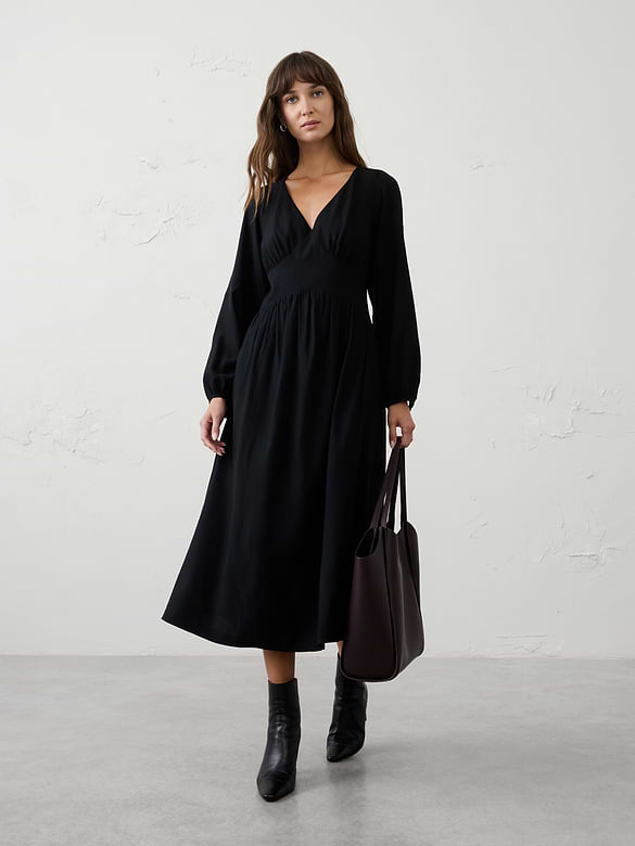 Arched-Yoke Midi Dress