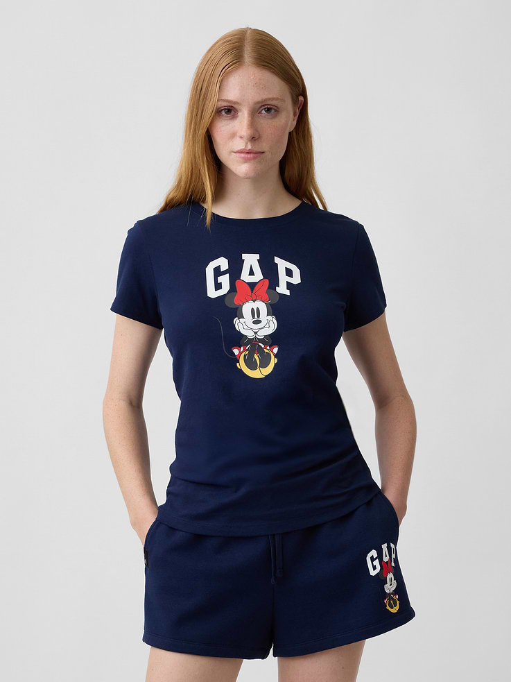 Image 1 of 5, A very special collaboration between Gap and Disney— two timeless, iconic American brands— led us to create a collection that celebrates Mickey Mouse and Minnie Mouse., Soft jersey knit., Short sleeves., Crewneck., Gap logo with Minnie Mouse graphic at front., Product #1179563