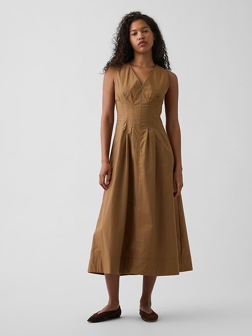 gap bridesmaid dresses Women's Poplin V-Neck Cinched Maxi Dress by Medium Brown Tall Size S High neck