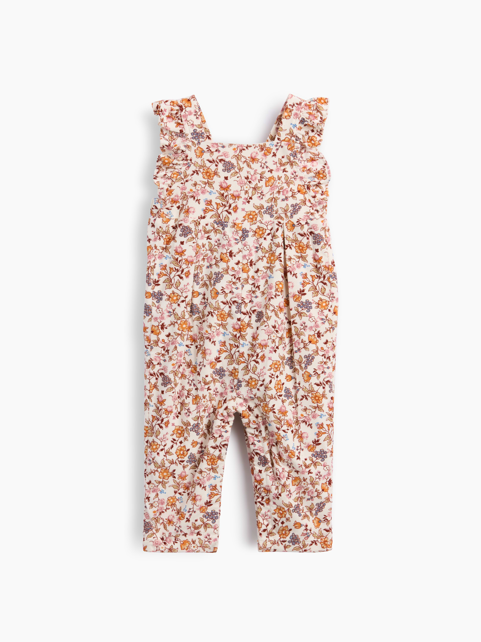 Image 1 of 3, Soft cotton corduroy baby overalls., Square neck., Ruffled tank straps with adjustable inner button closures at back., Elasticized back waist., Side slant pockets., Hidden snaps at inseam for easy dressing and diapering., Allover floral print., Explore our babyGap Guide ., Product #913695