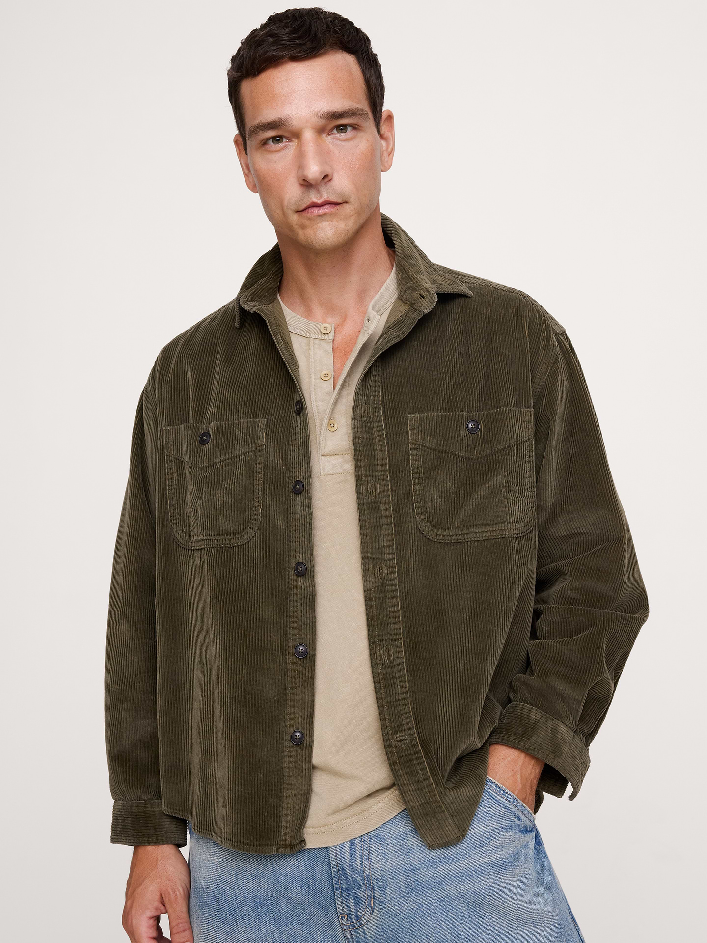 Image 1 of 6, Inspired by a vintage sample from our archives, we kept the fit relaxed for this corduroy shirt and made sure to include the beautiful goat-suede elbow patches of the original. Style as a first layer or wear it as an overshirt., Relaxed Fit: A straight & roomy fit with a dropped shoulder seam., Spread collar with button front., Chest pockets., Shirttail hem., Product #906479