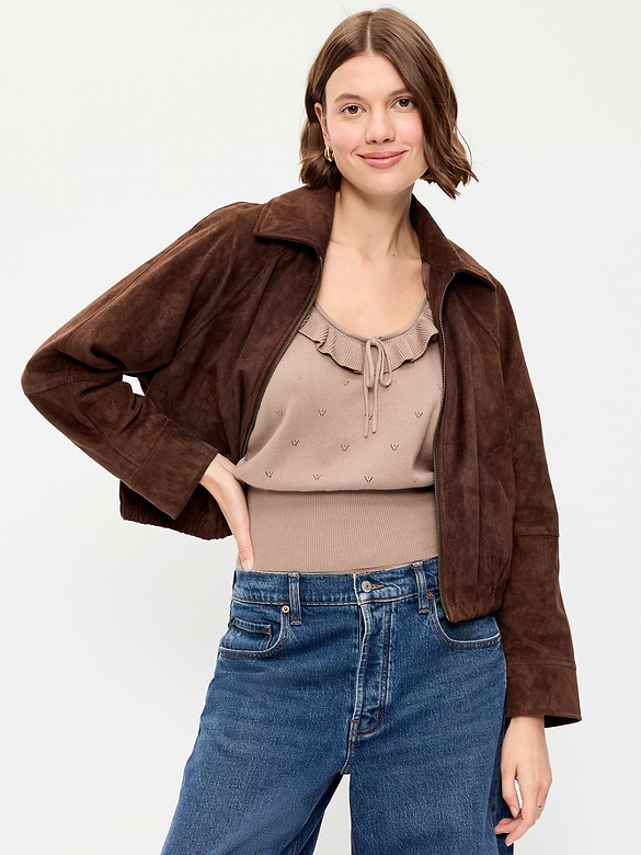 Full-Zip Faux-Suede Harrington Jacket