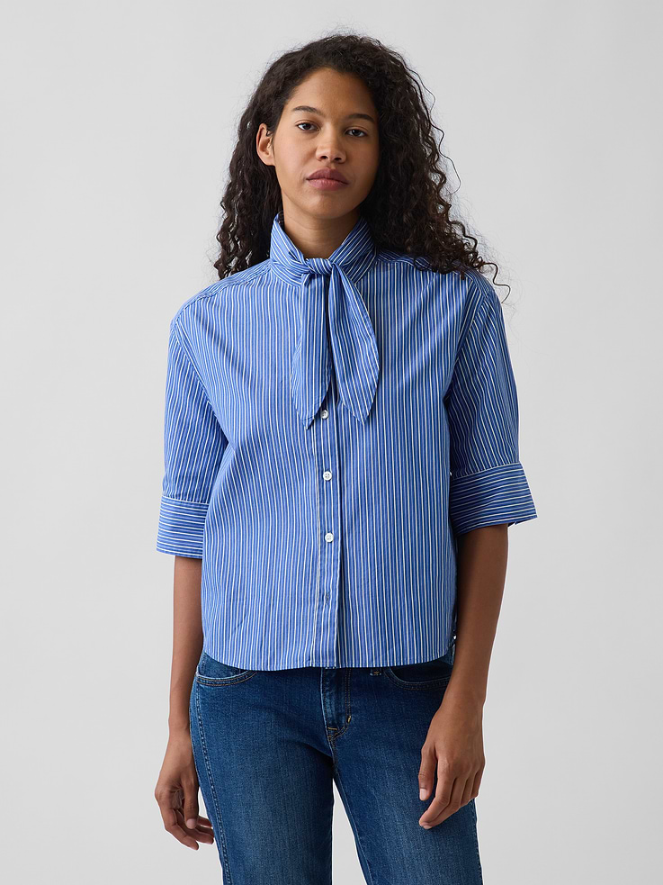 Image number 1 showing, Organic Cotton Poplin Tie-Neck Shirt