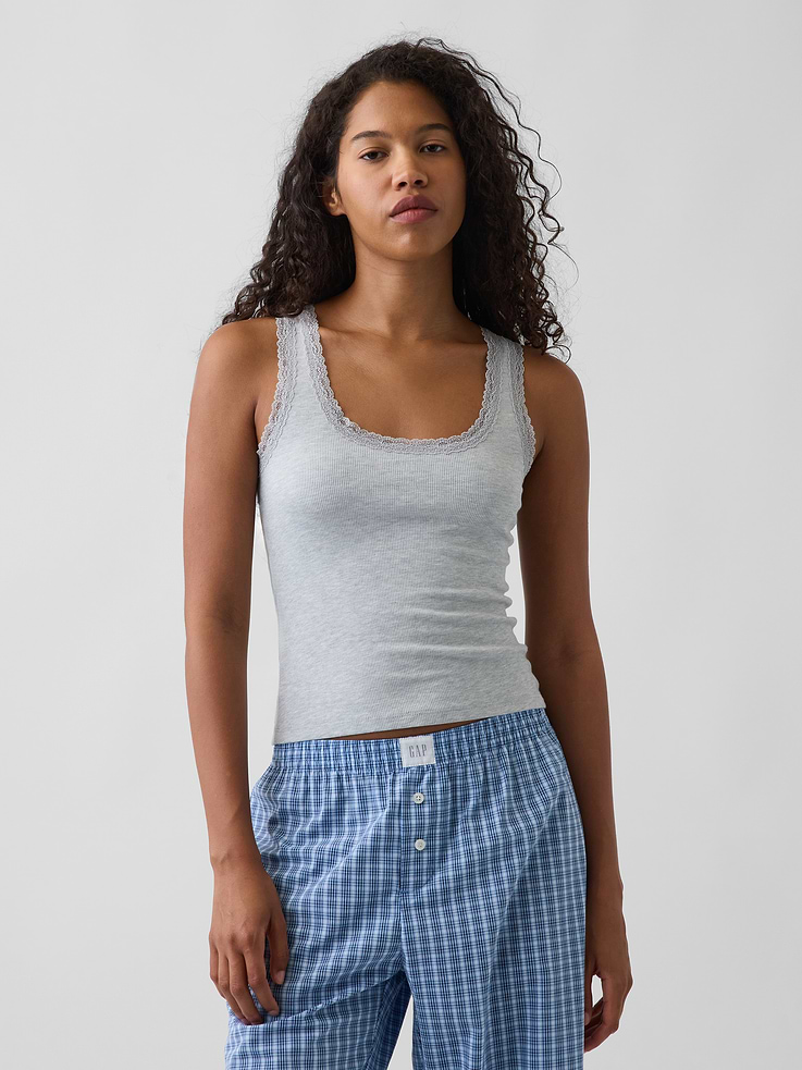 Image number 1 showing, Mini Rib Lace-Trim PJ Tank Top